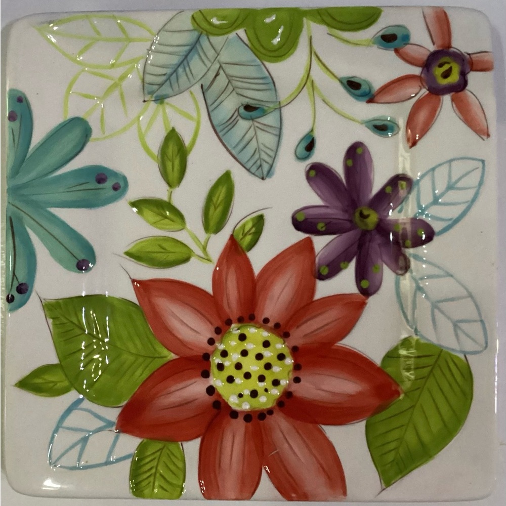 Laurie Gates Daisy Square Salad Luncheon Dessert Plates Hand-painted Set Of 2 - Picture 5 of 6